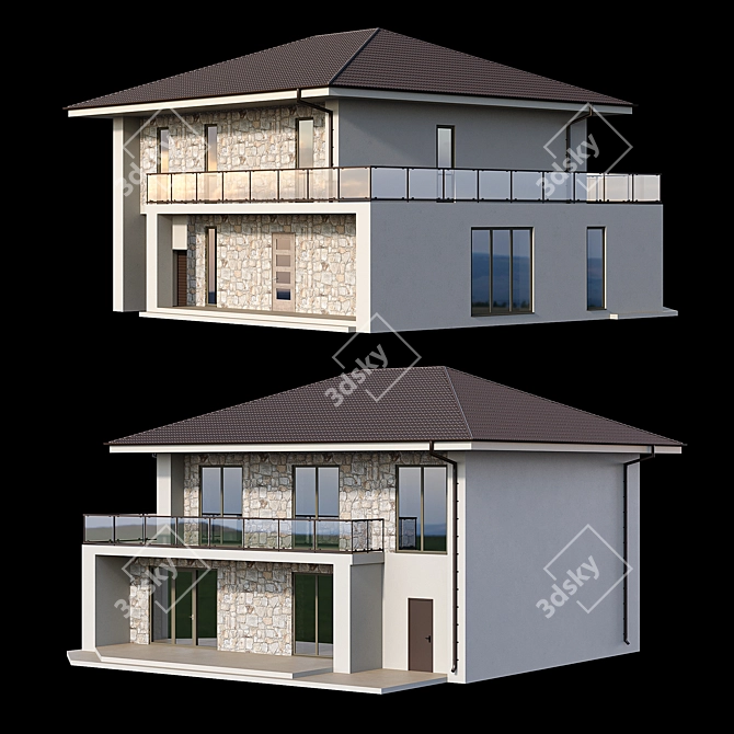 Modern Stone House with Panoramic Windows 3D model image 1