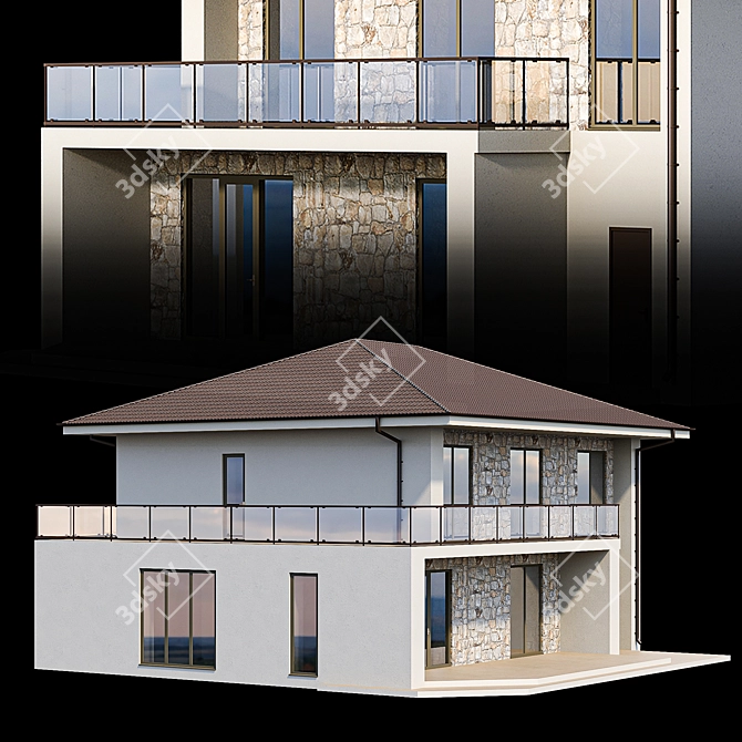 Modern Stone House with Panoramic Windows 3D model image 3