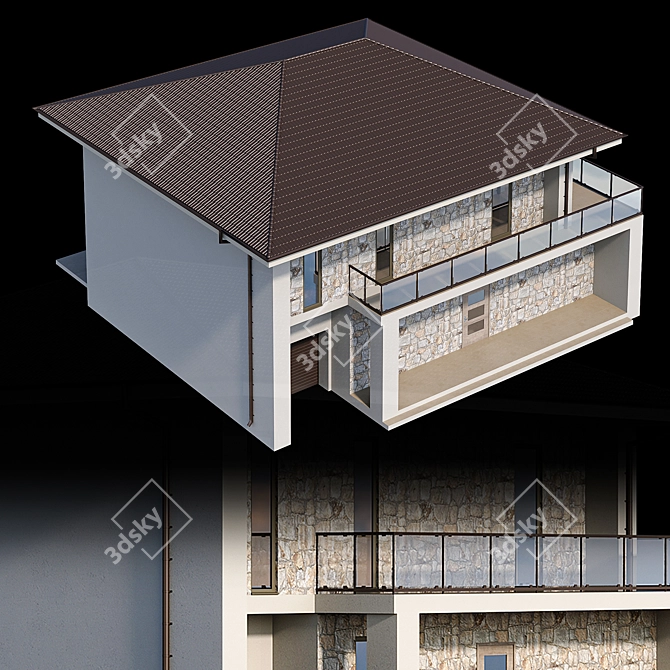 Modern Stone House with Panoramic Windows 3D model image 5