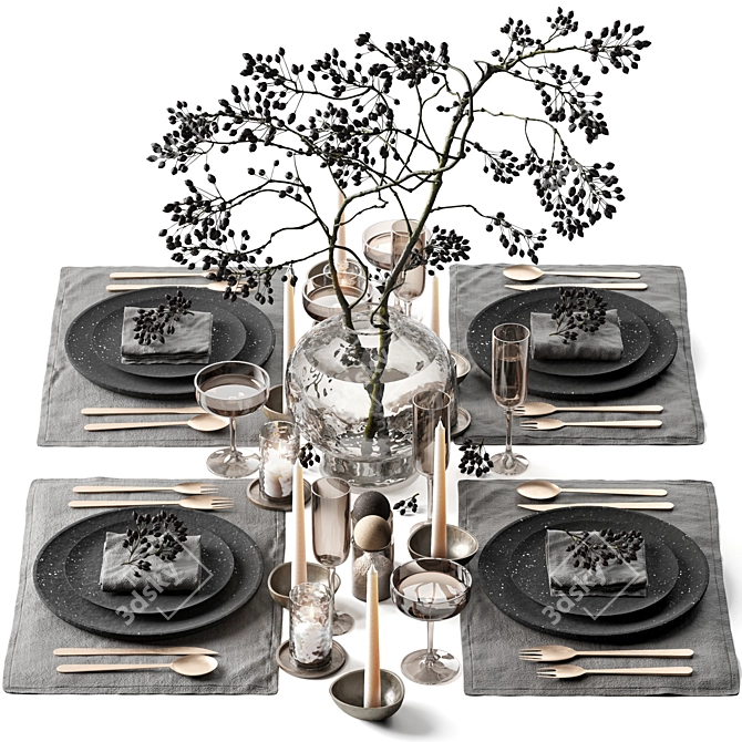 Elegant Tableware Set: Berry Branch, Dark Ceramic, Bronze Candle Holders 3D model image 1