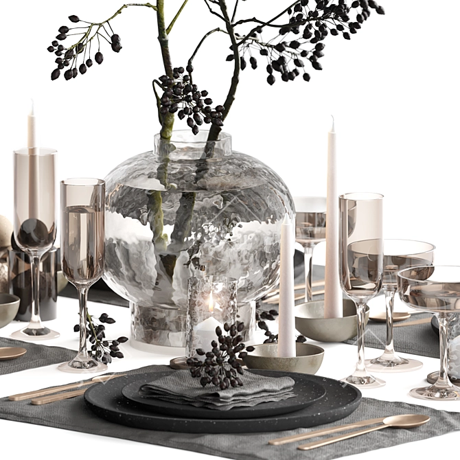 Elegant Tableware Set: Berry Branch, Dark Ceramic, Bronze Candle Holders 3D model image 2