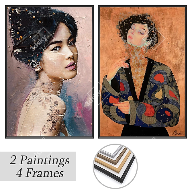 2-Piece Paintings Set with Frame Options 3D model image 1