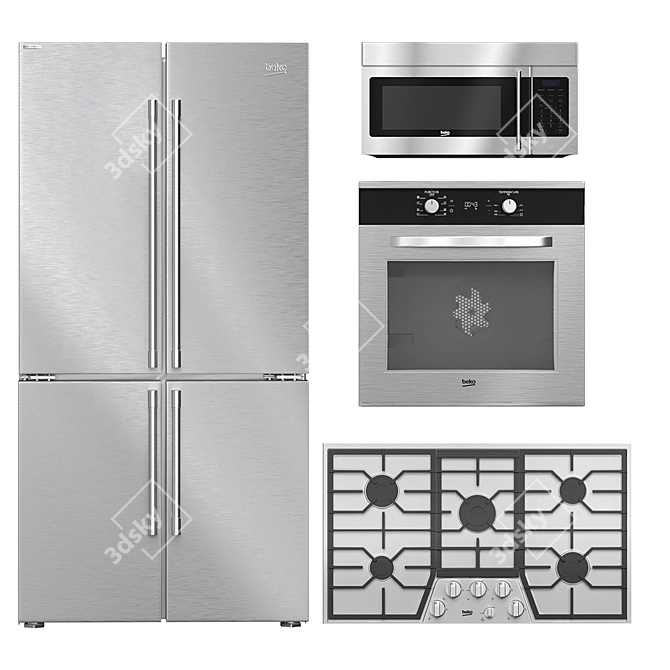 Beko Kitchen Appliance Set: Refrigerator, Cooktop, Wall Oven, Microwave 3D model image 1