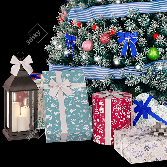 Christmas Blue Tree 2: Festive Decor with Gifts & Lantern 3D model image 2