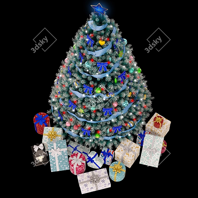 Christmas Blue Tree 2: Festive Decor with Gifts & Lantern 3D model image 5