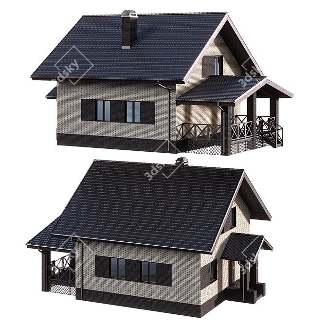 Modern Brick House with Wooden Terrace 3D model image 2