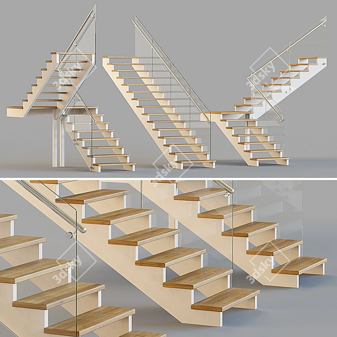 Wooden Stairs with Glass Railings 3D model image 1