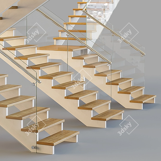 Wooden Stairs with Glass Railings 3D model image 2