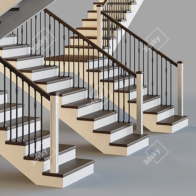 Wooden Stairs with Metal Balusters 3D model image 2