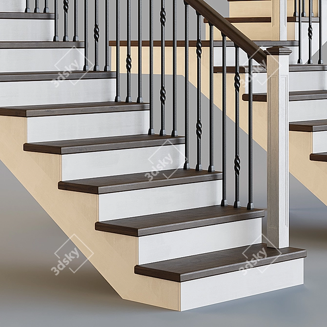 Wooden Stairs with Metal Balusters 3D model image 3