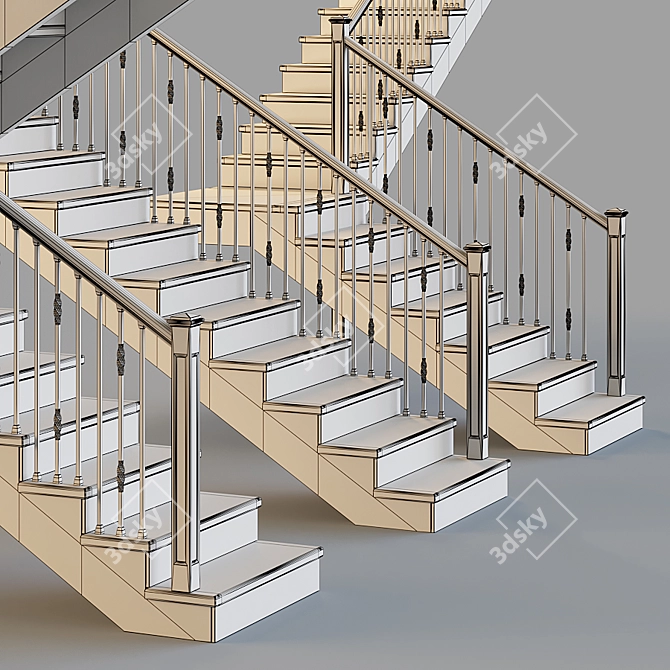 Wooden Stairs with Metal Balusters 3D model image 4