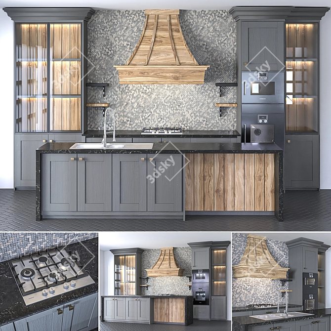 NeoClassic Kitchen: Stylish Gas Cooktop, Double Oven, and more 3D model image 1