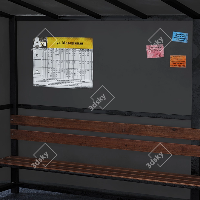 Urban Bus Stop with Trash Bin and Sign 3D model image 3