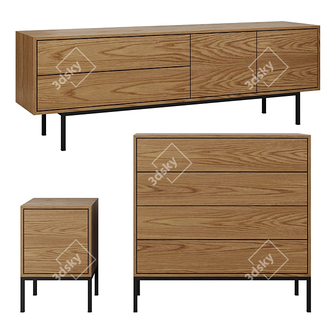 Destiny TV Cabinet Set: MDF & Oak Veneer, Metal Legs 3D model image 2