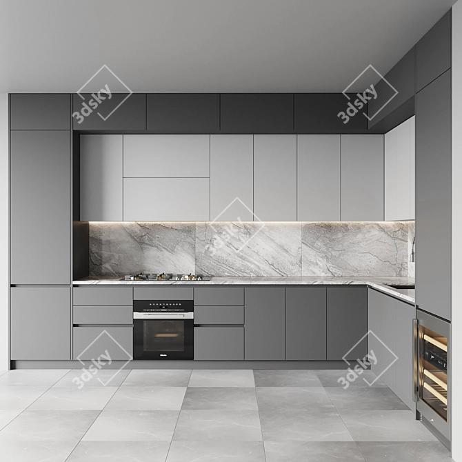 Modern Kitchen Set with Gas Hob, Oven, Wine Fridge, Sink, and Hood 3D model image 1