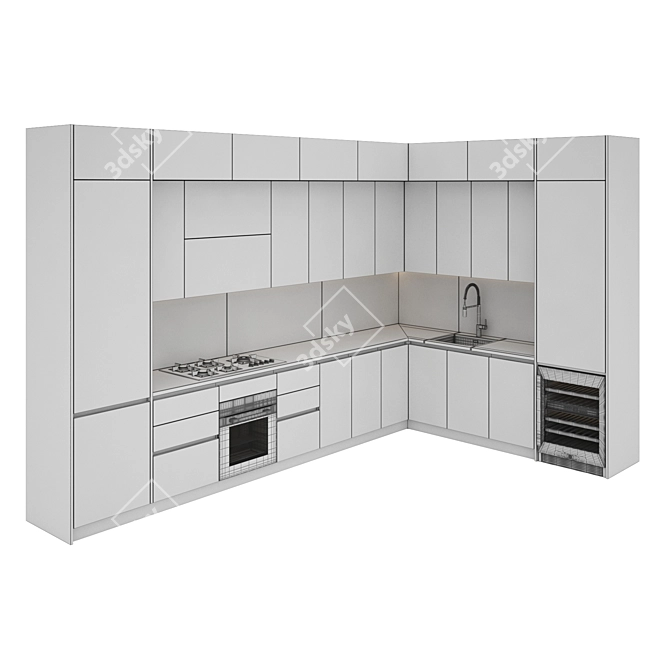 Modern Kitchen Set with Gas Hob, Oven, Wine Fridge, Sink, and Hood 3D model image 5