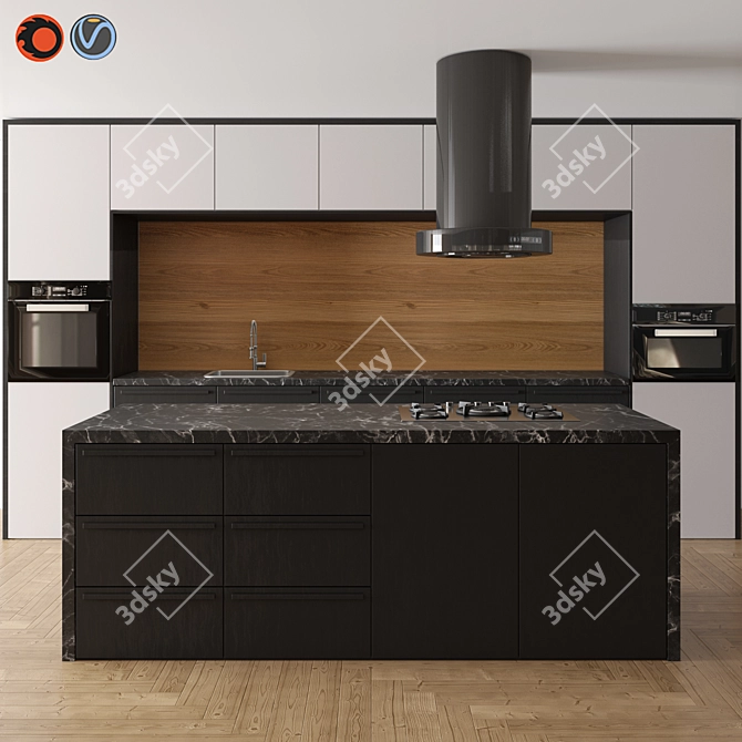 Sleek Black & White Wood Kitchen 3D model image 1