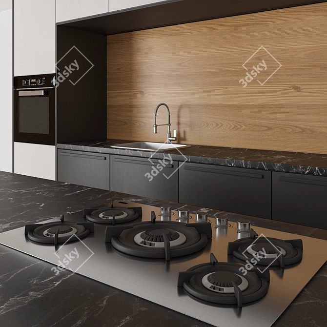 Sleek Black & White Wood Kitchen 3D model image 4