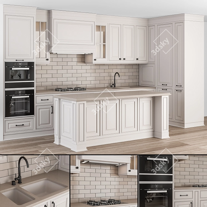 NeoClassic Kitchen Set - White & Brown 3D model image 1