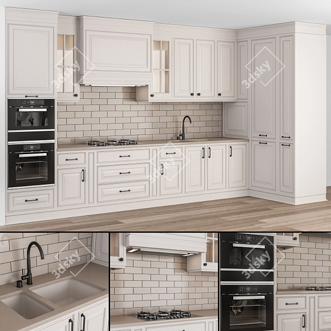 NeoClassic Kitchen Set - White & Brown 3D model image 2