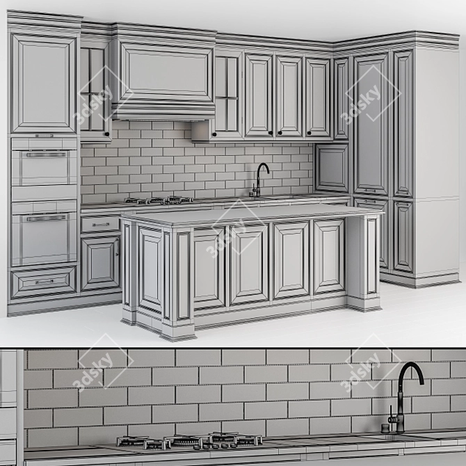 NeoClassic Kitchen Set - White & Brown 3D model image 6
