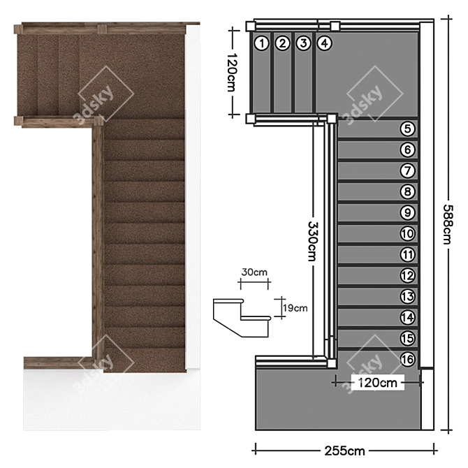 Classic Stucco-Wood Staircase 3D model image 6