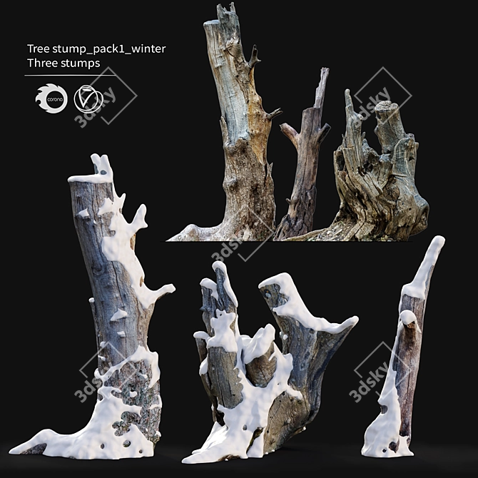 Snowy Tree Stump Trio: 55cm, 65cm, 85cm 3D model image 1