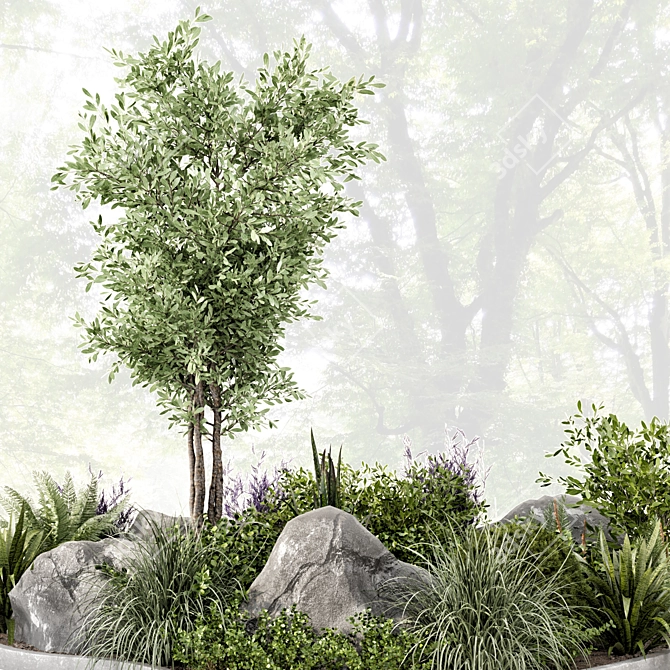 Outdoor Garden Set with Bushes and Trees 3D model image 3
