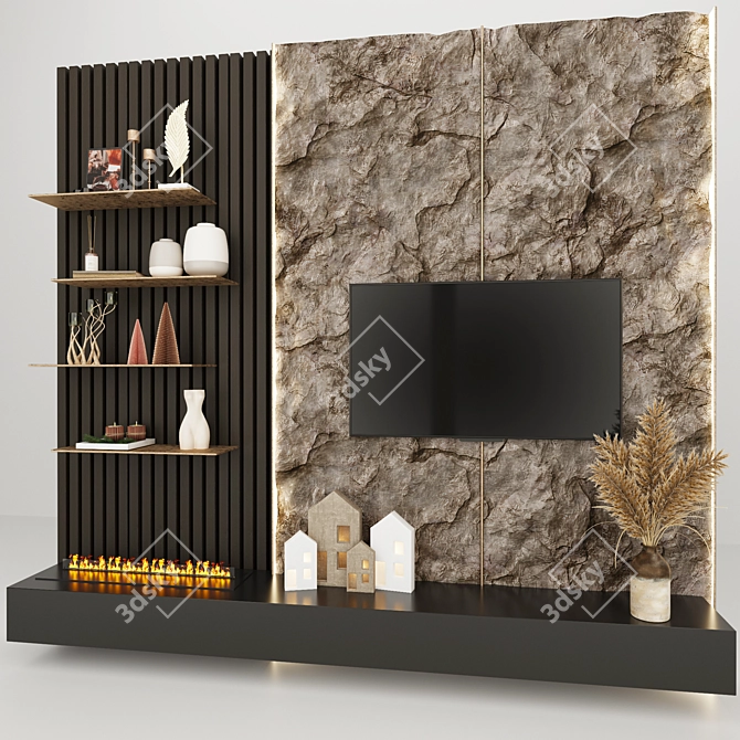 Modern TV Wall Unit with Decor and Bioethanol Fireplace 3D model image 2