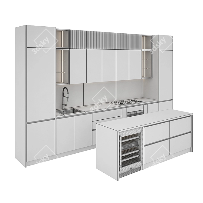 Modern Kitchen Set with Gas Hob, Oven, Wine Fridge, Sink, and Hood 3D model image 6