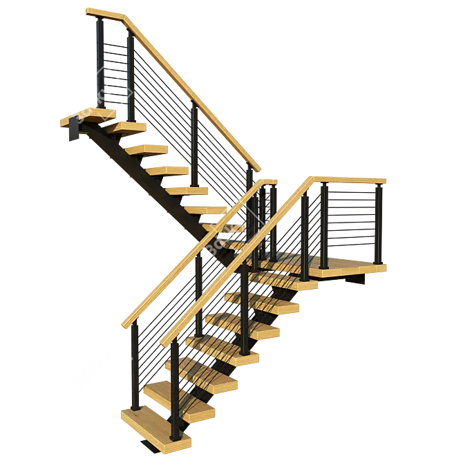 Title: Wooden P-Shaped Staircase with Metal Frame 3D model image 3