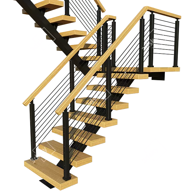 Title: Wooden P-Shaped Staircase with Metal Frame 3D model image 4