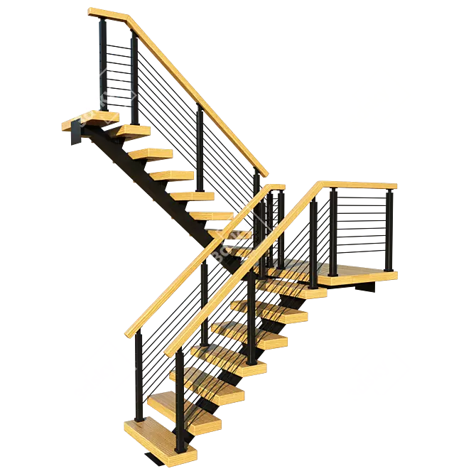 Title: Wooden P-Shaped Staircase with Metal Frame 3D model image 1