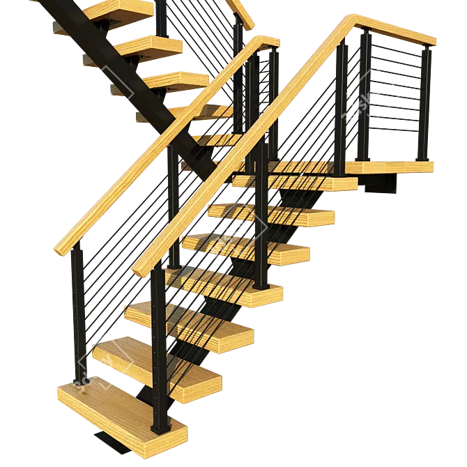 Title: Wooden P-Shaped Staircase with Metal Frame 3D model image 2