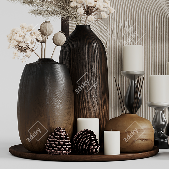 Wooden Vases & Dry Plants Set 3D model image 4