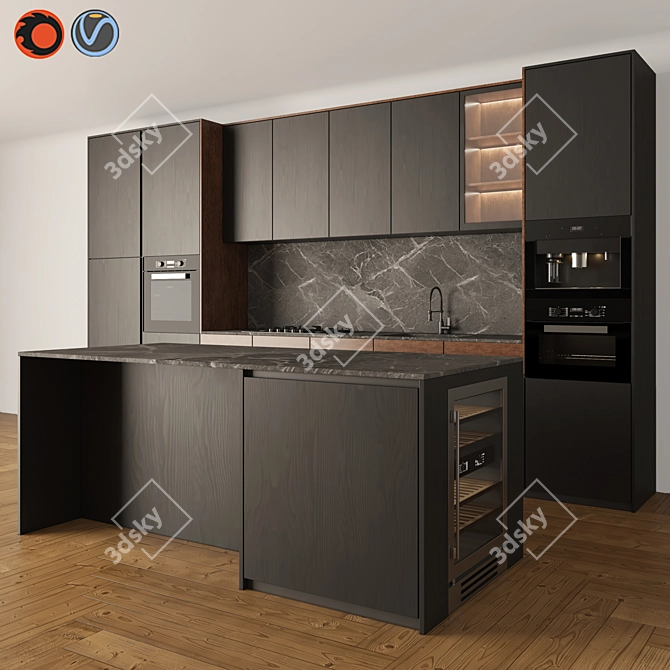 Sleek Black & Wood Kitchen Set 3D model image 1