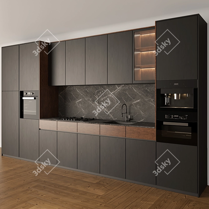 Sleek Black & Wood Kitchen Set 3D model image 2