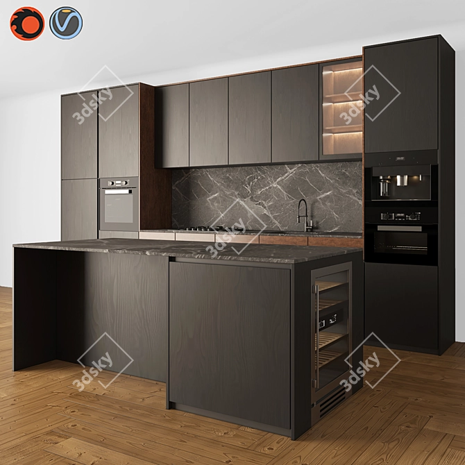 Sleek Black & Wood Kitchen Set 3D model image 6