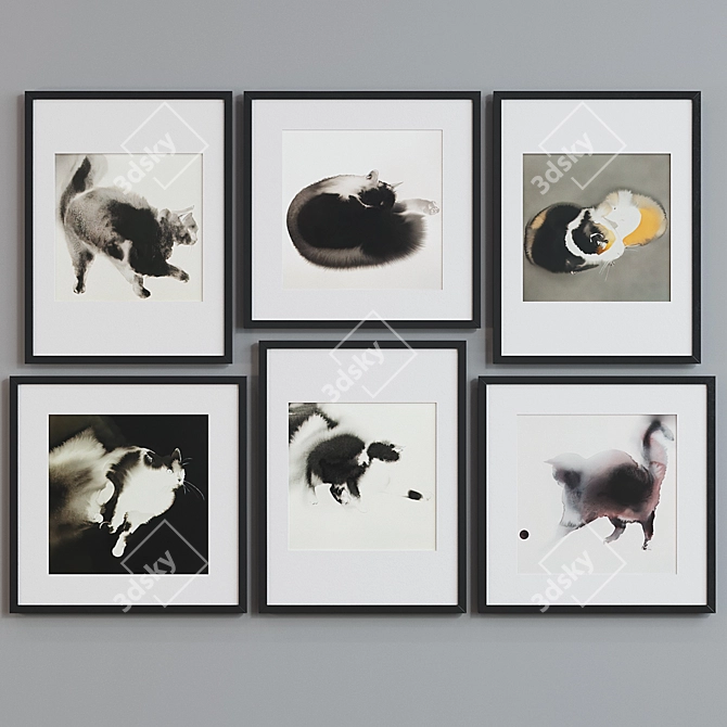 Whimsical Cat and Guinea Pig Watercolor Picture Frame Set 3D model image 2