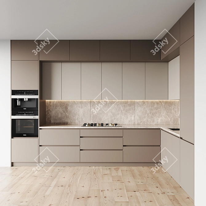 Sleek Kitchen Set with Gas Hob, Oven, Coffee Machine, Sink & Hood 3D model image 1