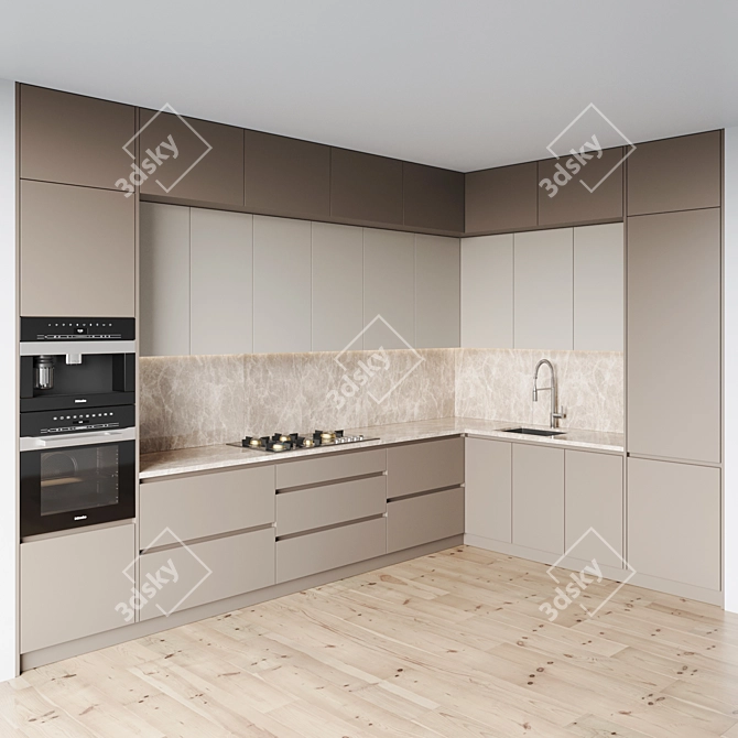 Sleek Kitchen Set with Gas Hob, Oven, Coffee Machine, Sink & Hood 3D model image 2