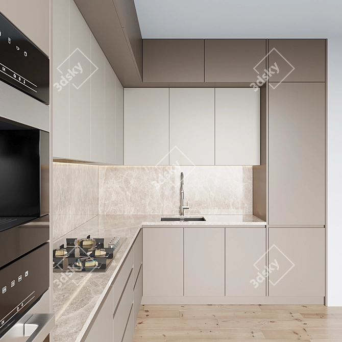 Sleek Kitchen Set with Gas Hob, Oven, Coffee Machine, Sink & Hood 3D model image 4