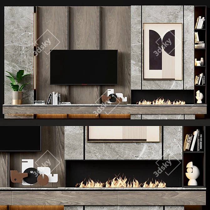 Modern TV Wall Design with Fireplace 3D model image 1