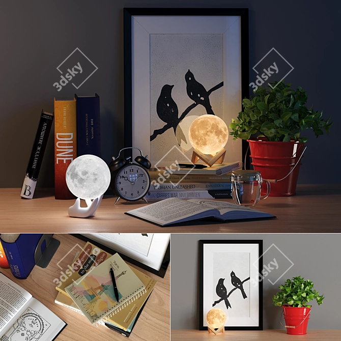 Luminous Moon Lamp with Bedroom Decor Set 3D model image 2