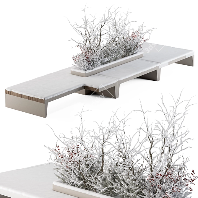 Snowy Urban Bench Set with Plants 3D model image 2