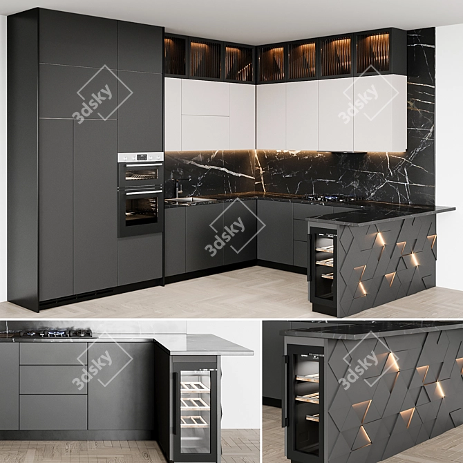 Sleek Italian Kitchen: Modern80 Black 3D model image 1