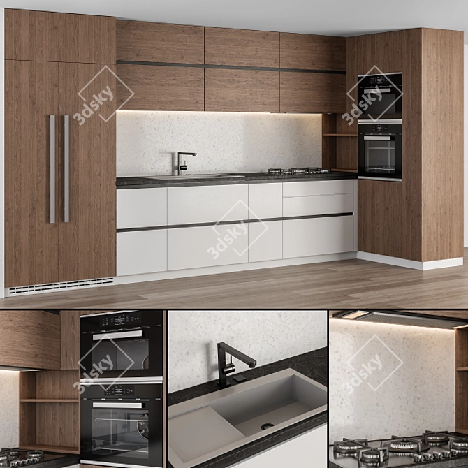 Modern White and Wood Kitchen Cabinets 3D model image 2