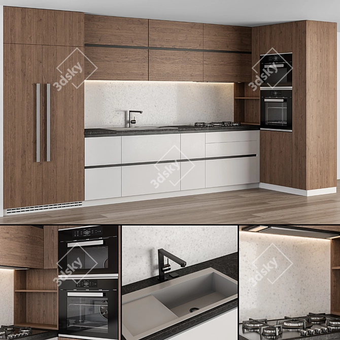 Modern White and Wood Kitchen Cabinets 3D model image 7