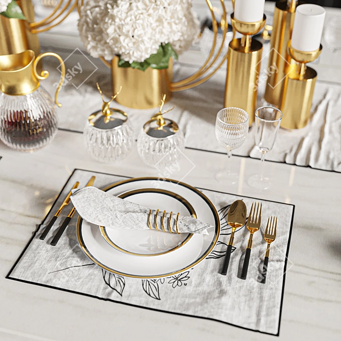 Elegant Dinner Table Set 3D model image 4