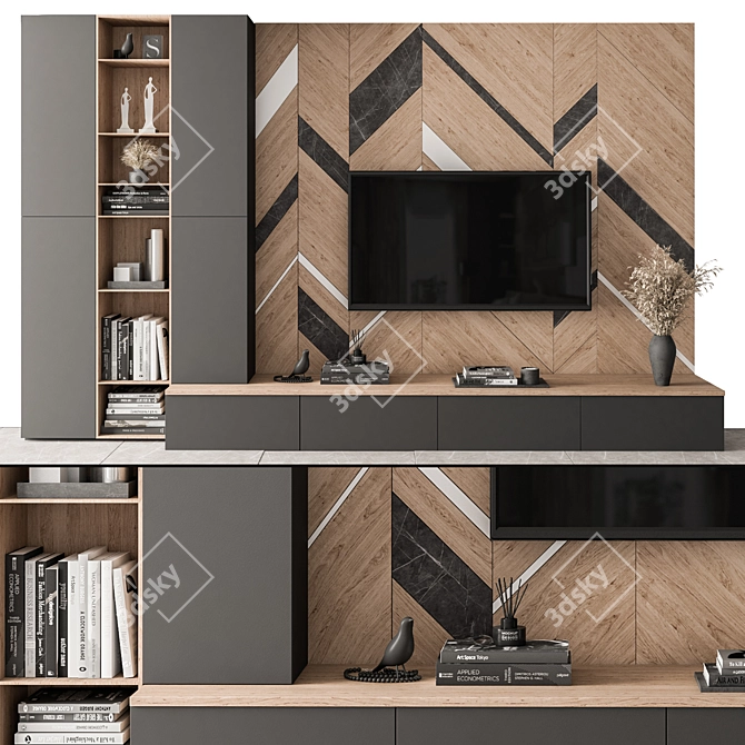 Modern Wood and Black TV Wall 3D model image 8